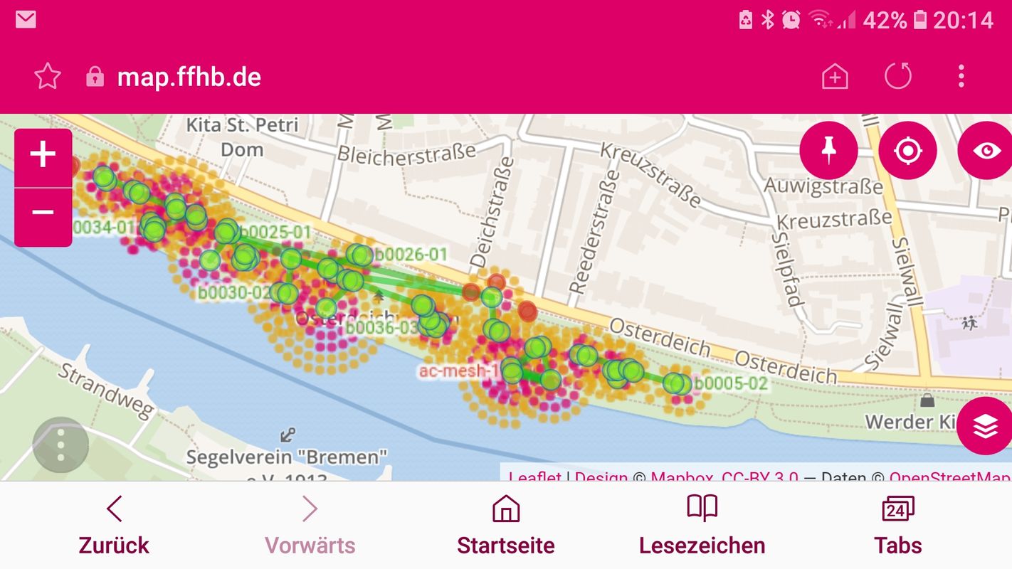 Stadtplan, auf dem Routerstandorte markiert sind
